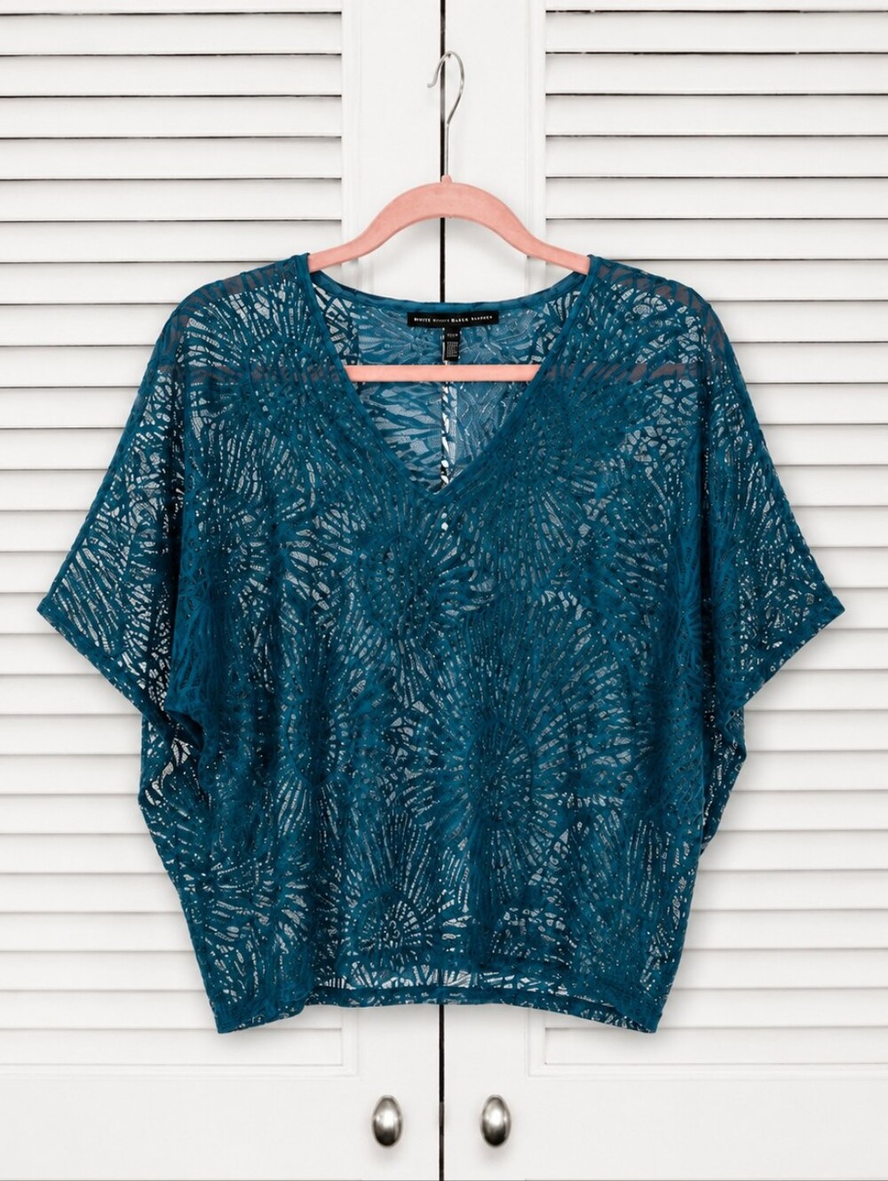 White House Black Market Oversized Sheer Lace Top Teal Boho Festival XXS - Picture 2 of 7